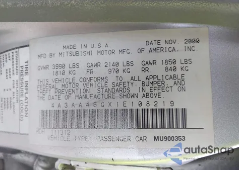 2001 Mitsubishi Galant Es from USA, damaged, VIN 4A3AA46GX1E108219